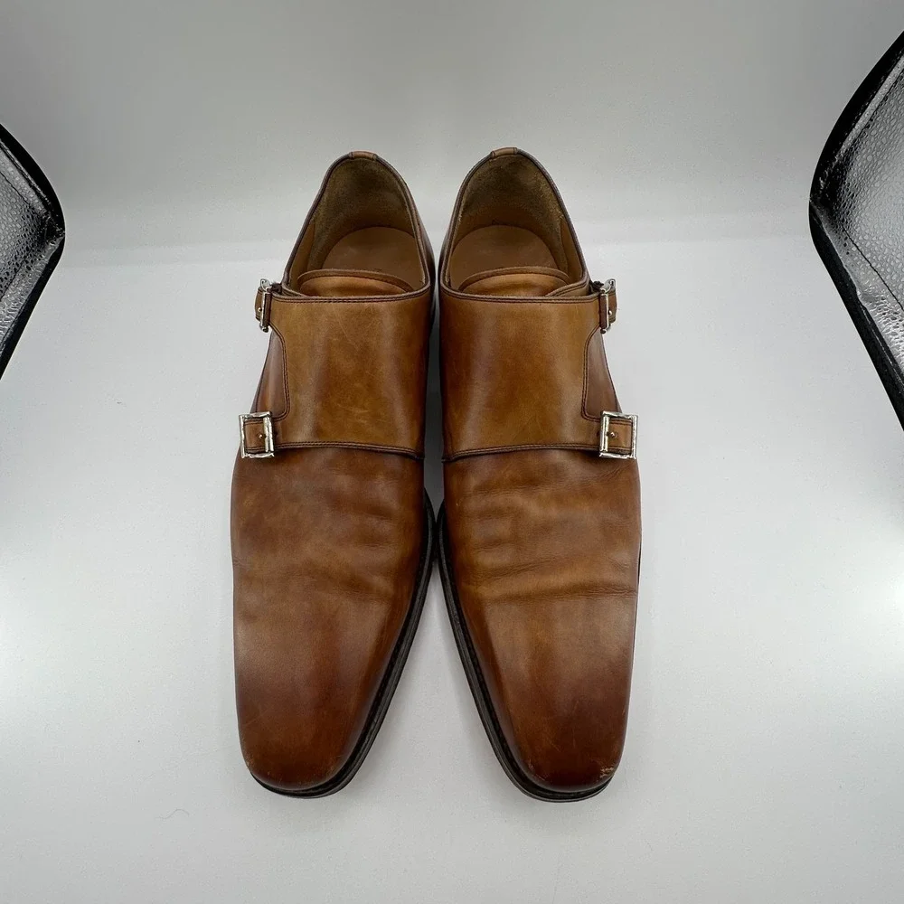 Magnanni Double Buckle‎ Monk Strap Shoes Mens 10M Ramolo Tobacco Brown Leather